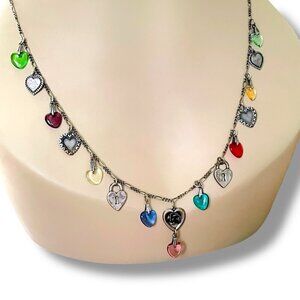 Vintage Glass Works Studio Necklace Colorful Heart Charms Silvertone Jewelry 23"